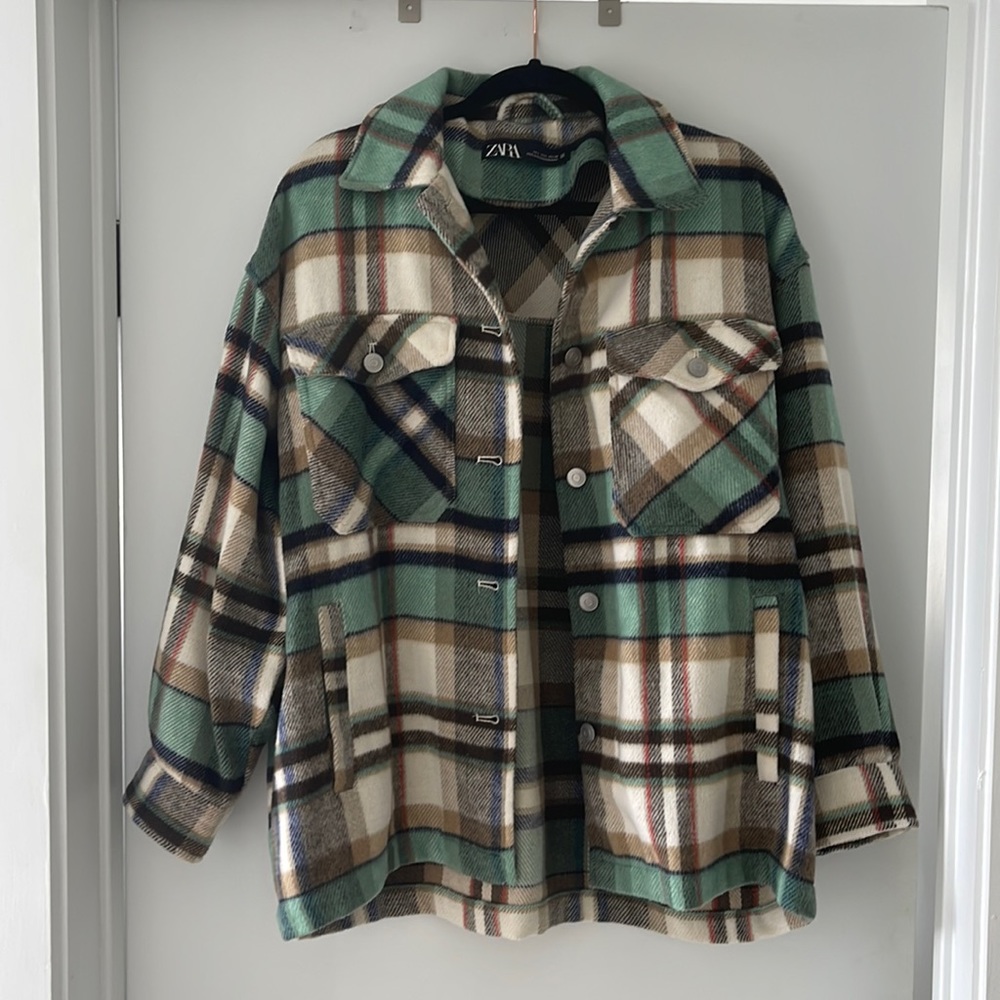 Zara Plaid Jacket in Green, Brown, and Cream